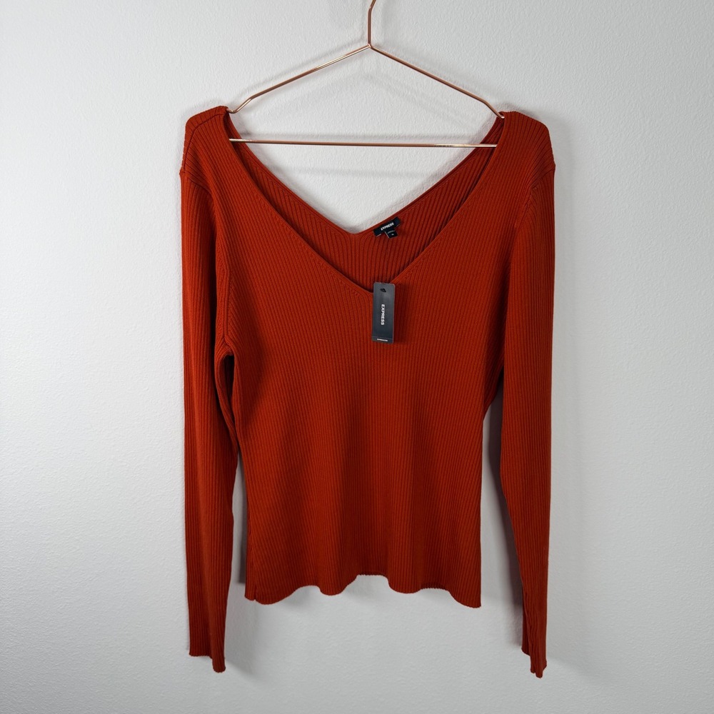 Express Womens XL Rust Orange Ribbed V-Neck Long Sleeve Sweater NWT
